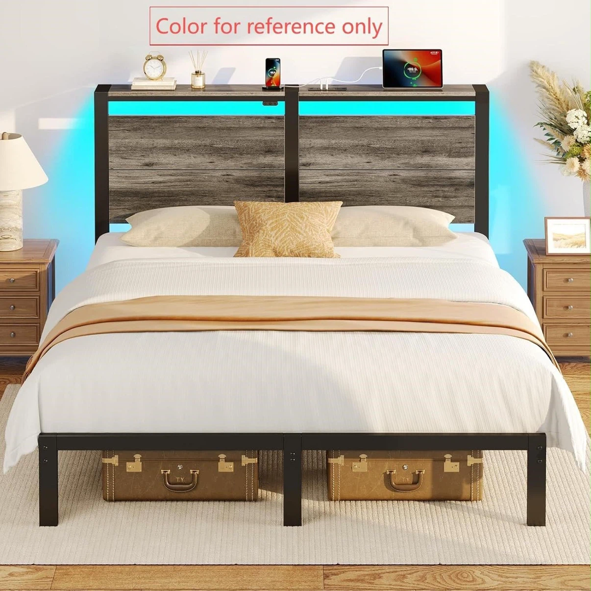 Queen Size Bed Frame with Built-in Outlet and LED Lights