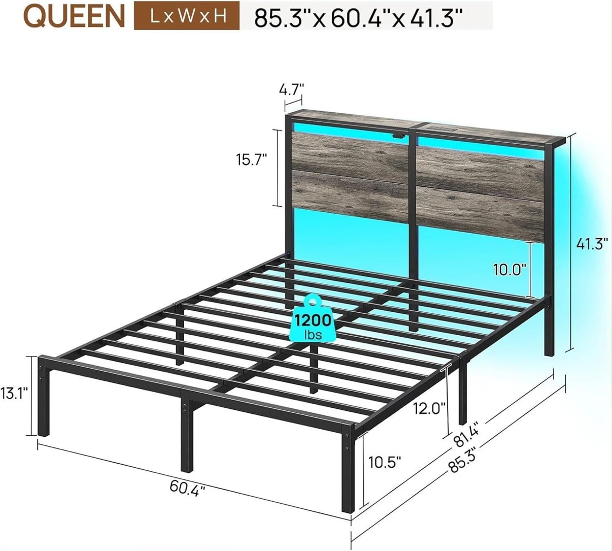 Queen Size Bed Frame with Built-in Outlet and LED Lights - photo 2