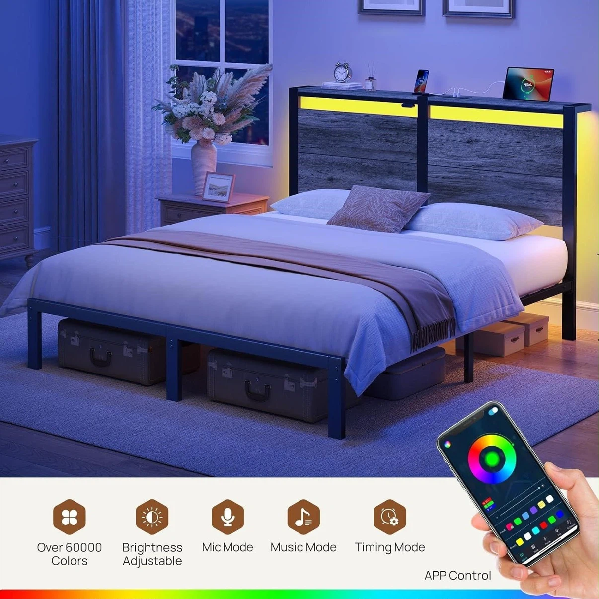 Queen Size Bed Frame with Built-in Outlet and LED Lights - photo 3
