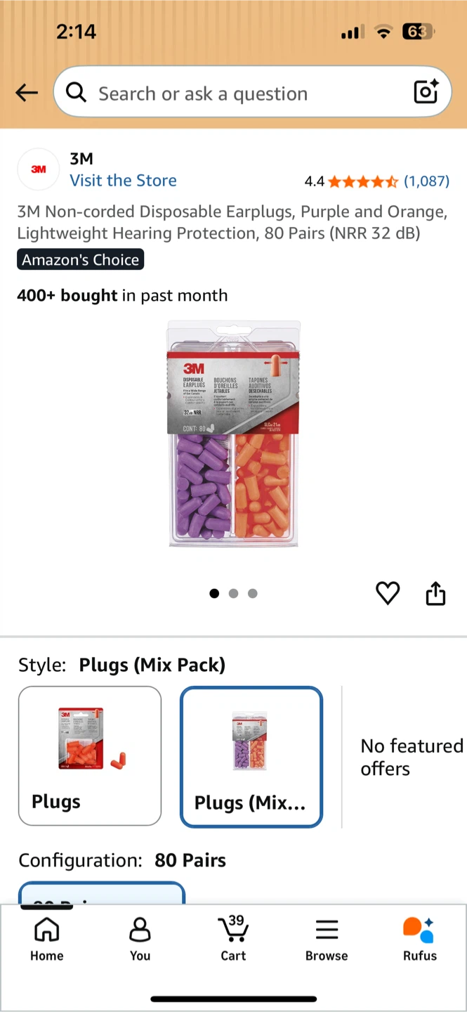 3M Non-corded Disposable Earplugs, Purple and Orange, 80 Pairs