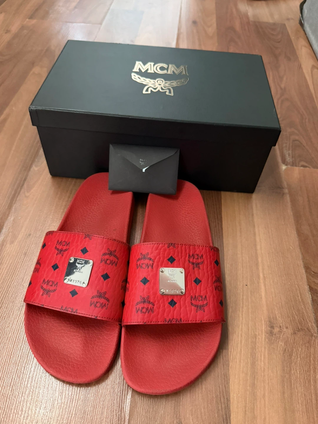 MCM Red Monogram Slides with Box
