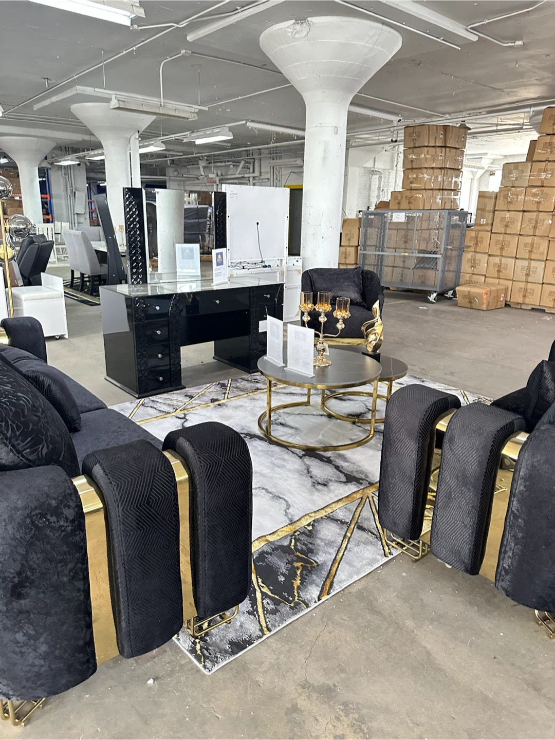Black Velvet Sofa with Gold Accents