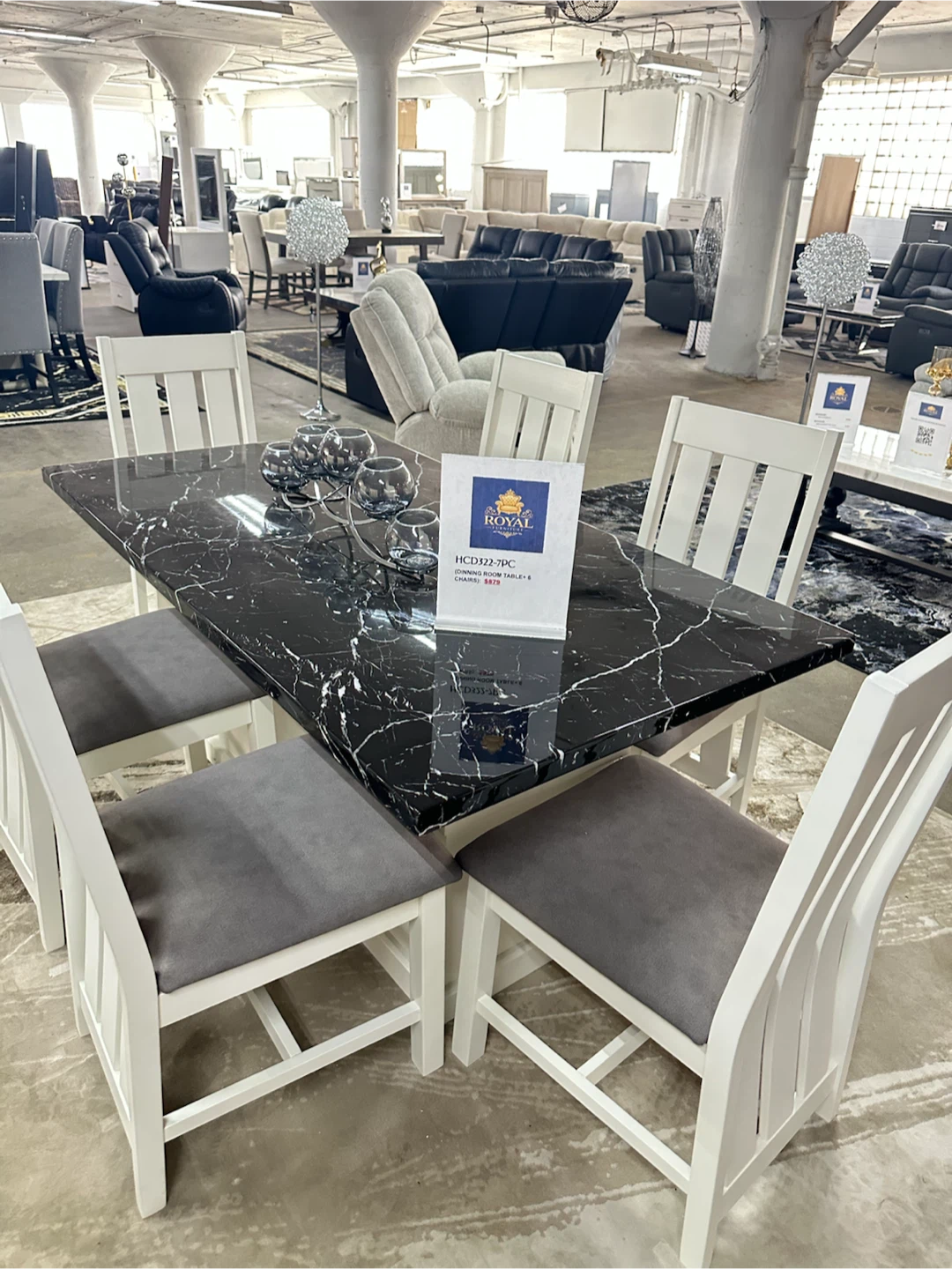 Royal Dining Set - Black Marble Top Table and 4 White Chairs