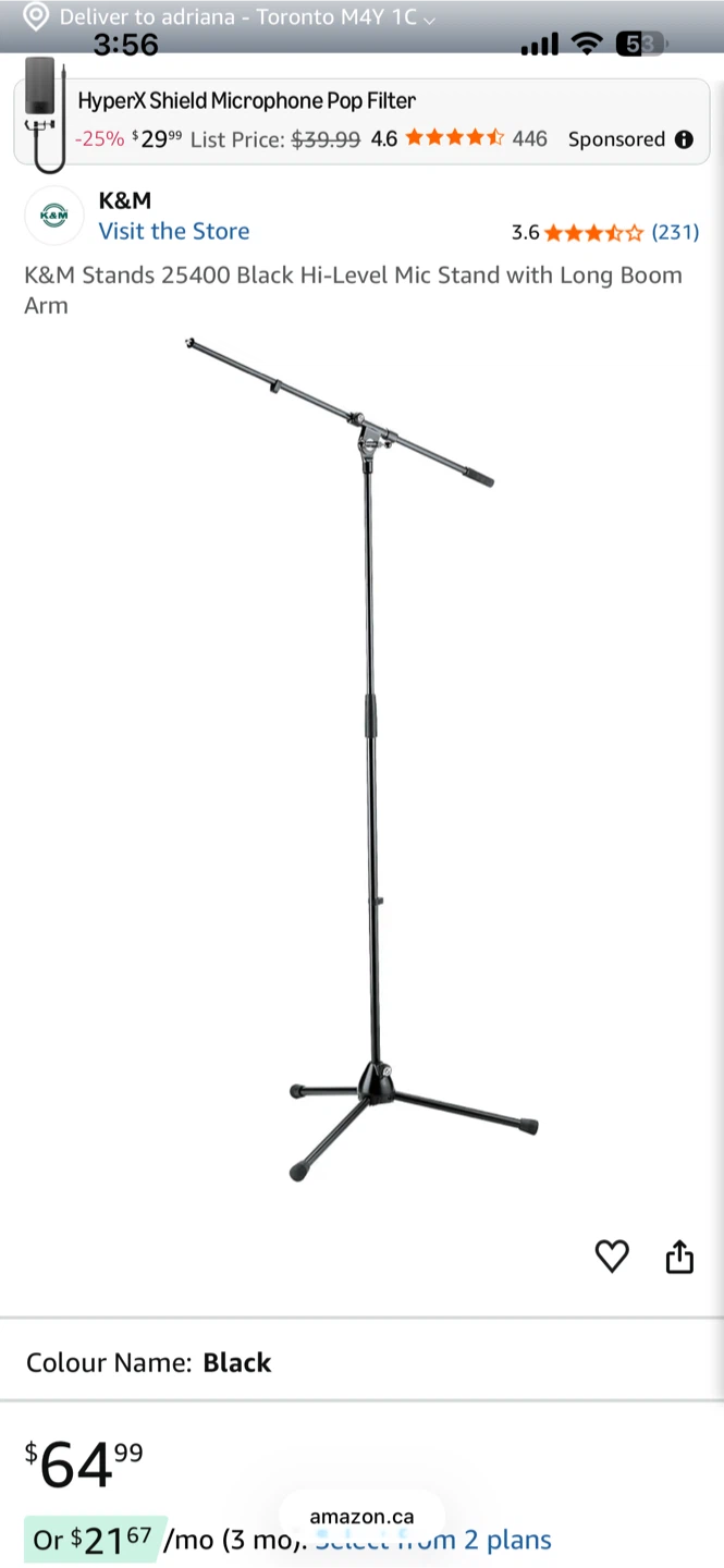K&M 25400 Black Hi-Level Mic Stand with Long Boom Arm