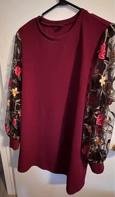 Maroon Textured Top with Embroidered Floral Sleeves