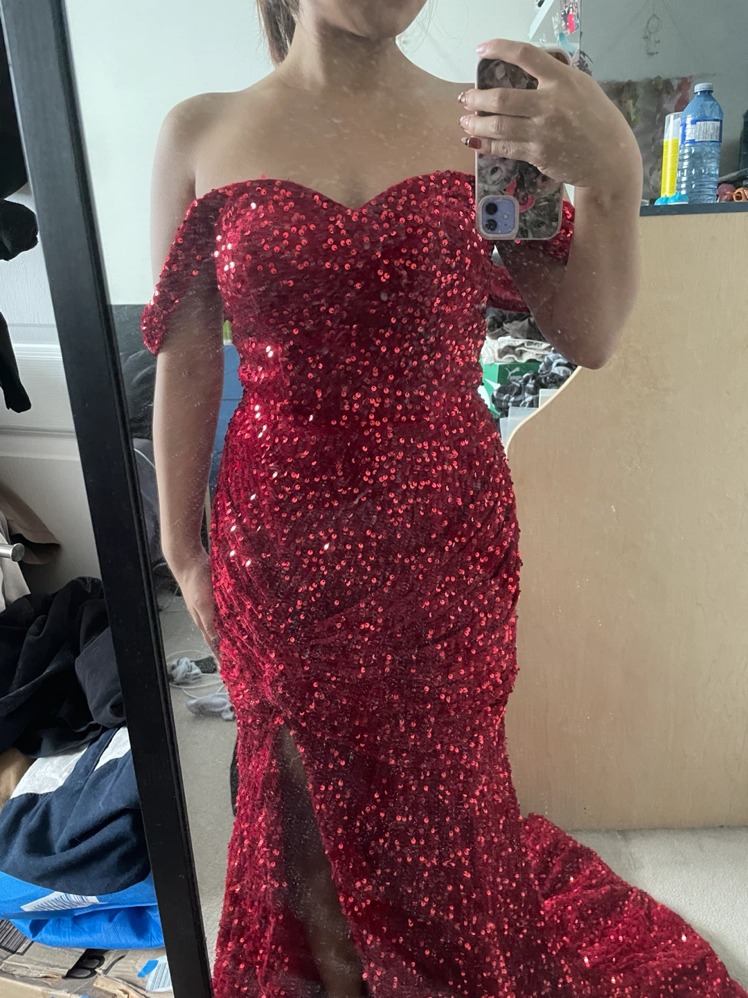 Sparkly Red Sequin Off-the-Shoulder Gown