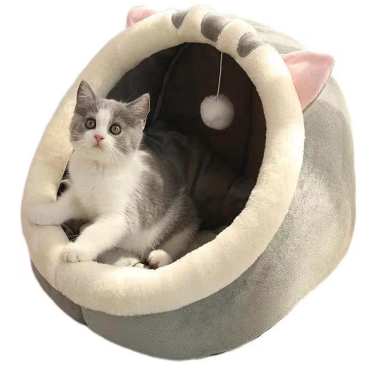 Grey Cat Bed with Hanging Toy
