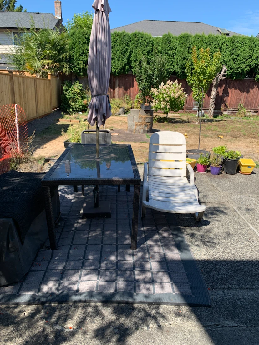 Patio Dining Table with Umbrella and stand and lounge chair