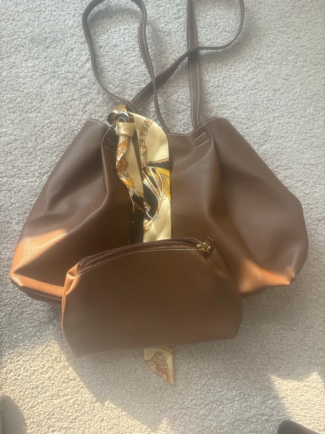 Brown Faux Leather Tote Bag with Matching Pouch
