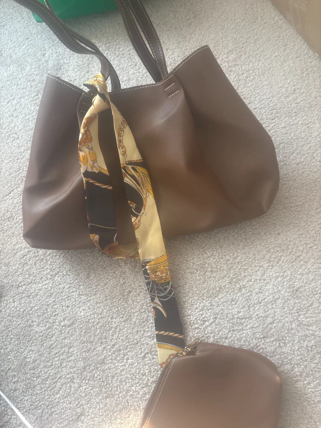 Brown Faux Leather Tote Bag with Matching Pouch - photo 2