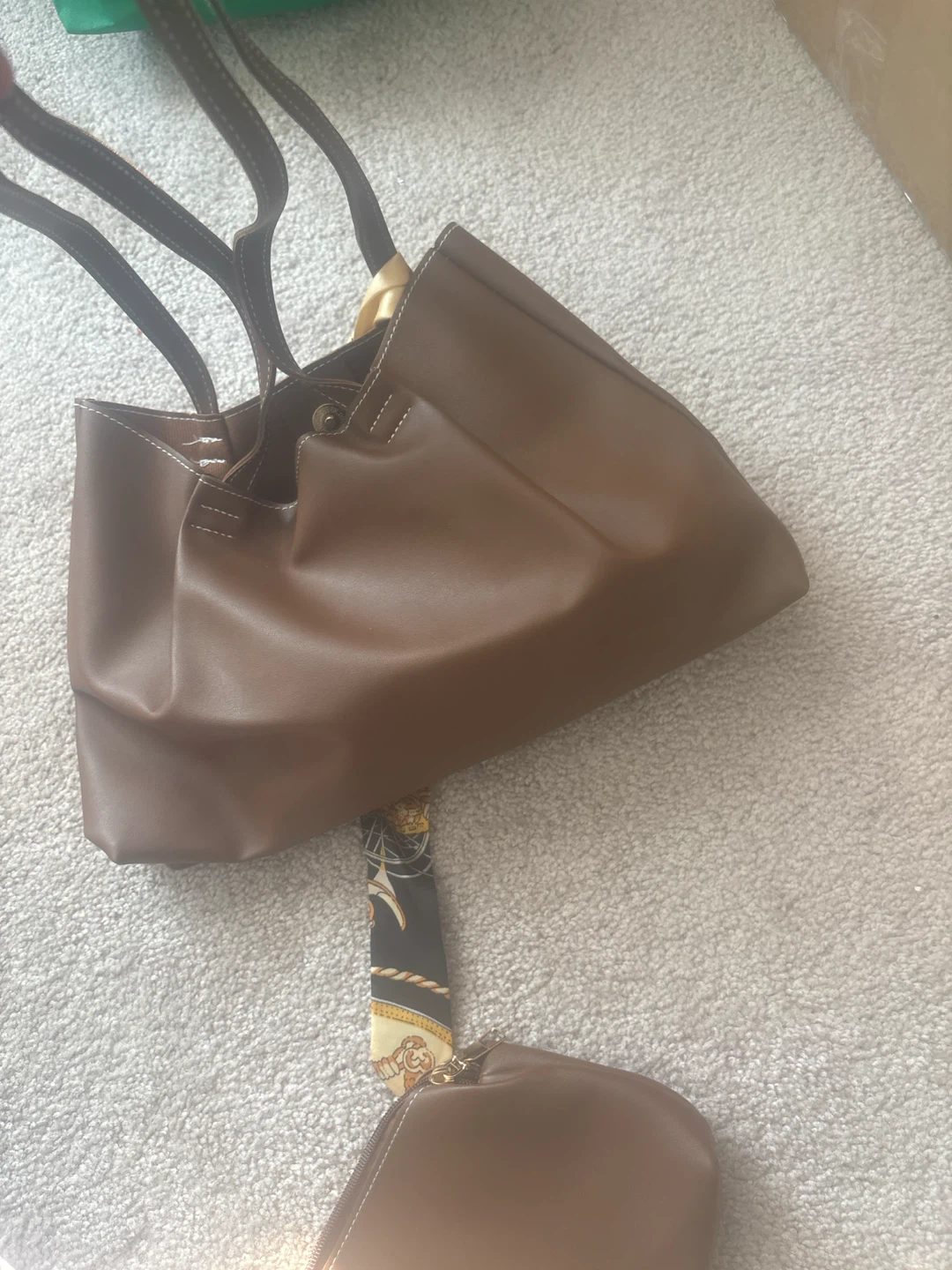 Brown Faux Leather Tote Bag with Matching Pouch - photo 3