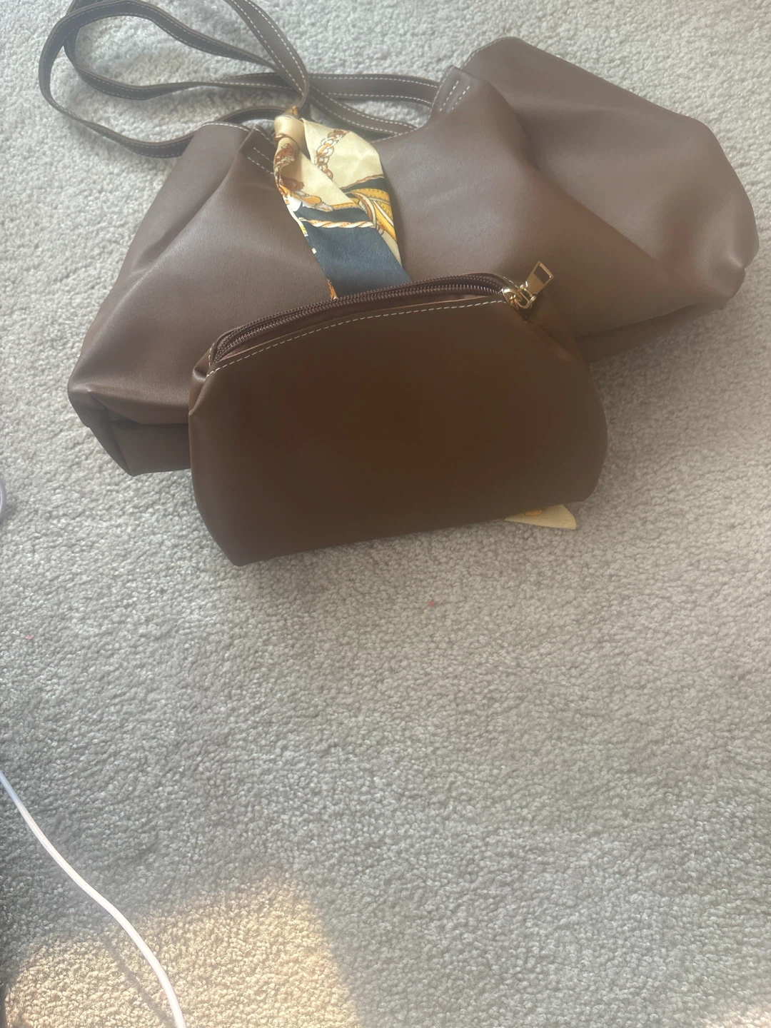 Brown Faux Leather Tote Bag with Matching Pouch - photo 4