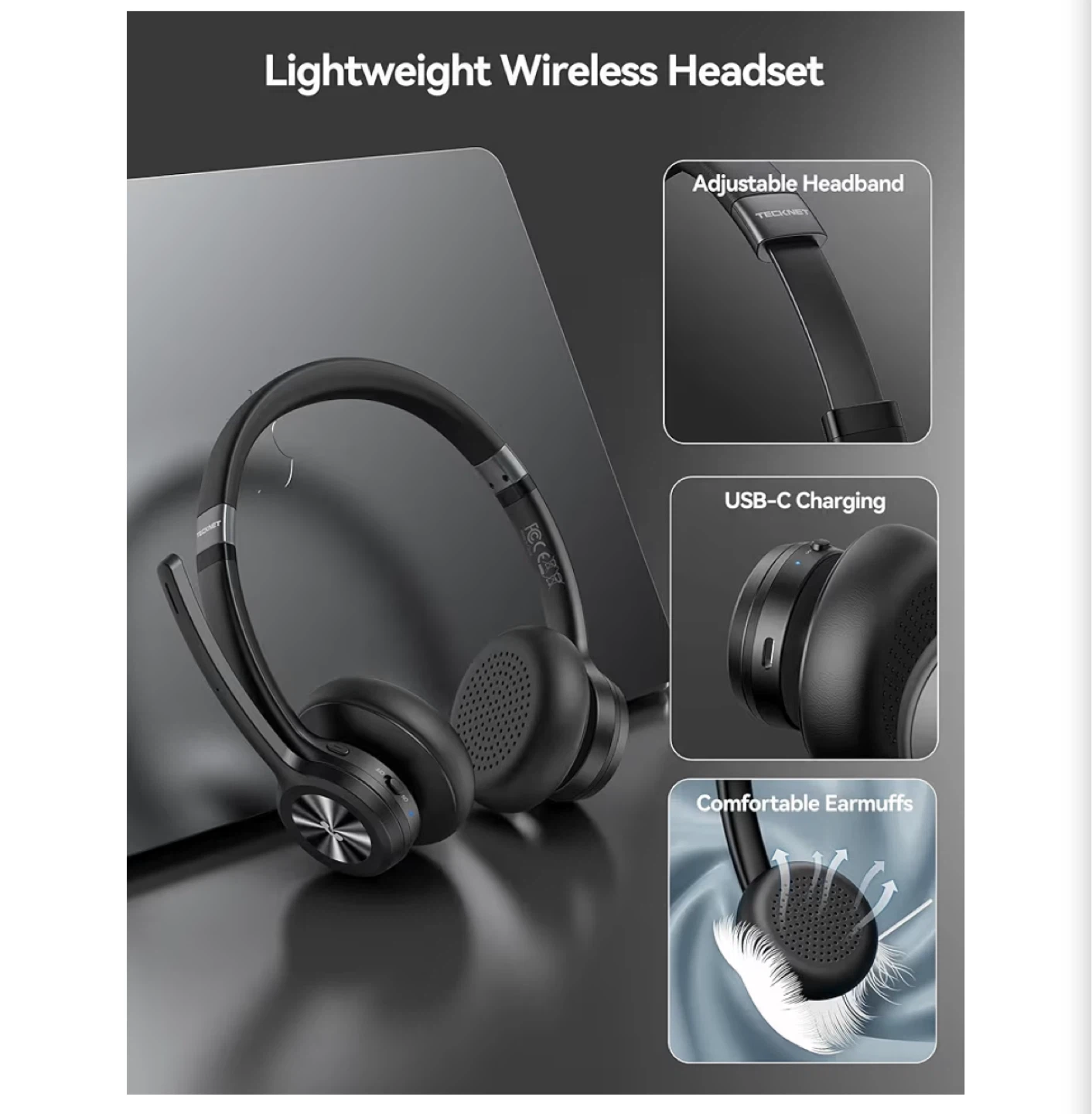 Tecknet Lightweight Wireless Headset - Black - photo 2