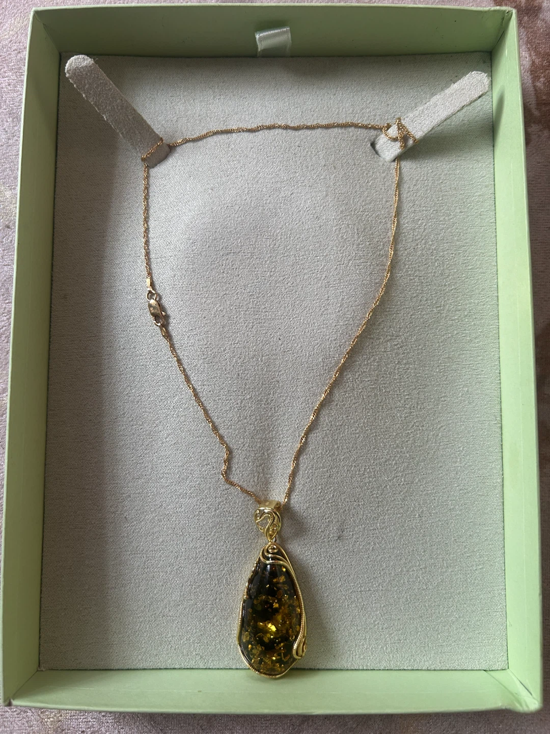 925 Gold Plated Chain Necklace with Green Amber Pendant