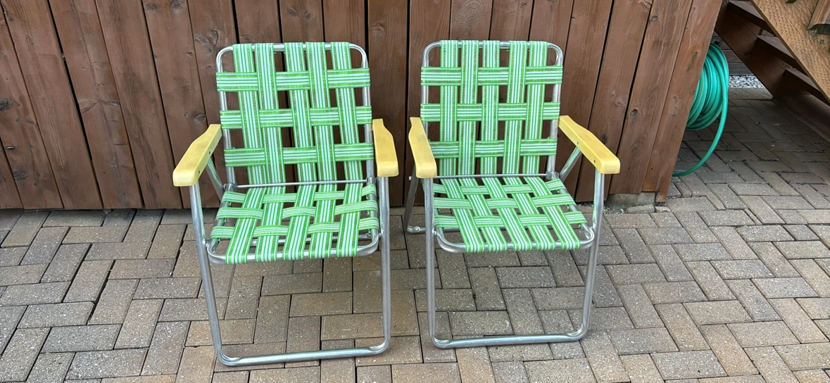 Vintage Green and White Webbed Lawn Chairs (Set of 2)