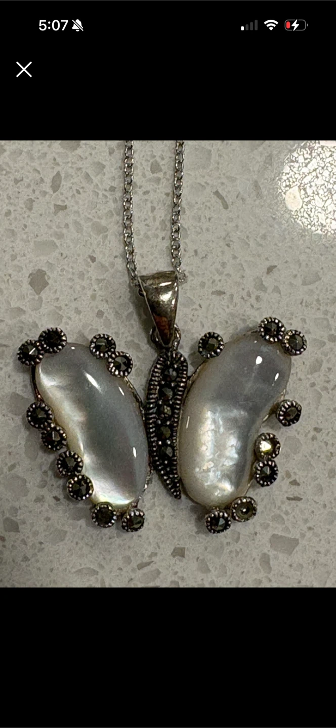 Butterfly Pendant Necklace with Mother of Pearl and Marcasite
