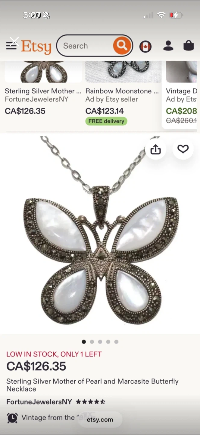 Butterfly Pendant Necklace with Mother of Pearl and Marcasite - photo 2