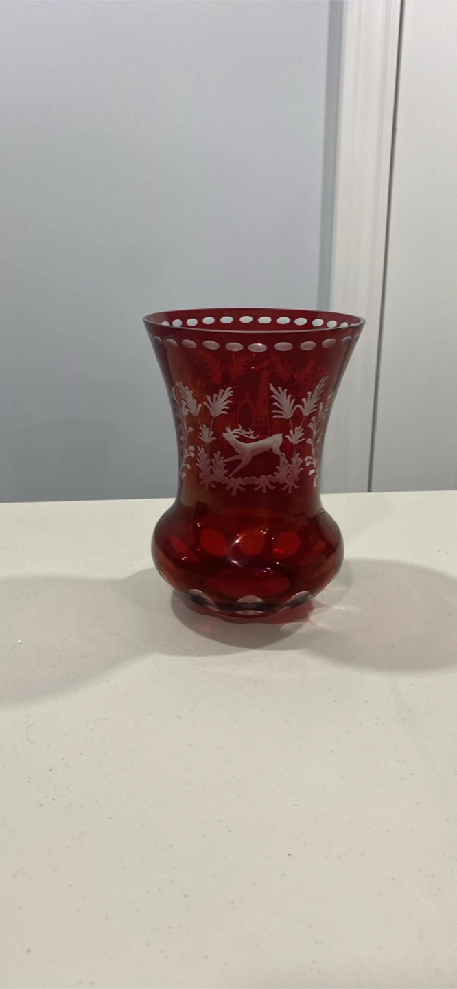 Red Glass Vase with Deer Etching