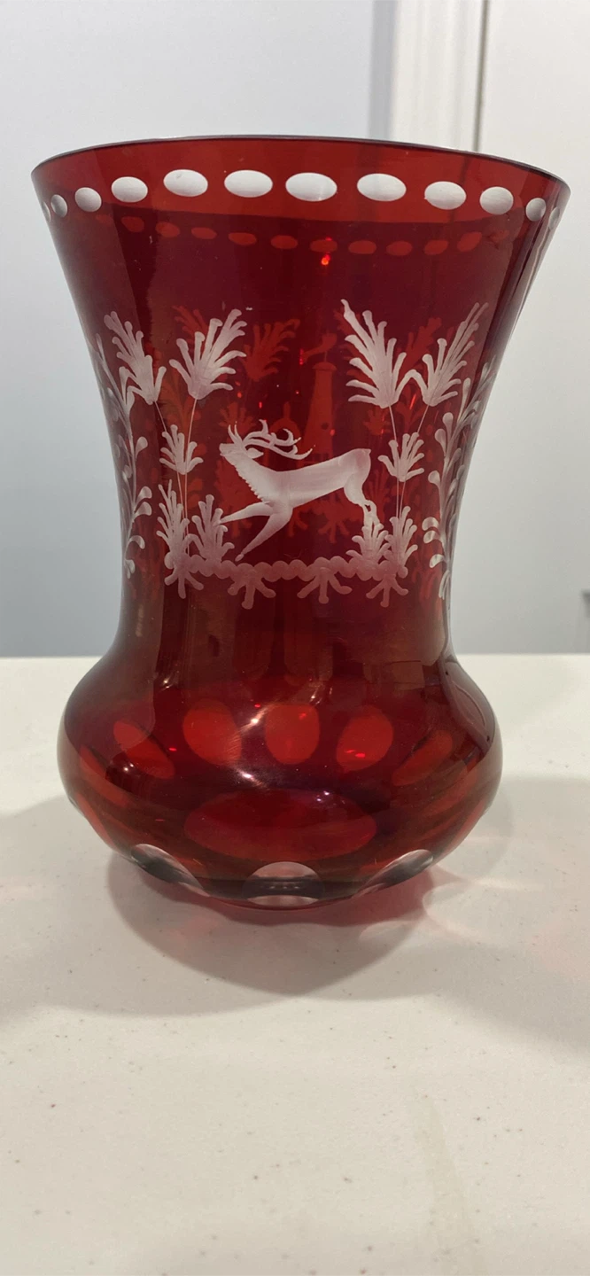 Red Glass Vase with Deer Etching - photo 2