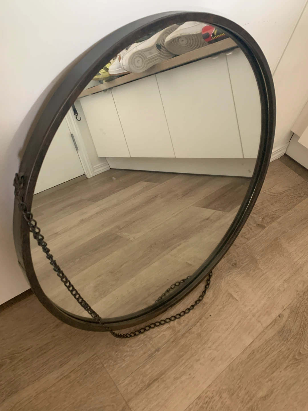 Vintage Round Metal Framed Mirror with Chain
