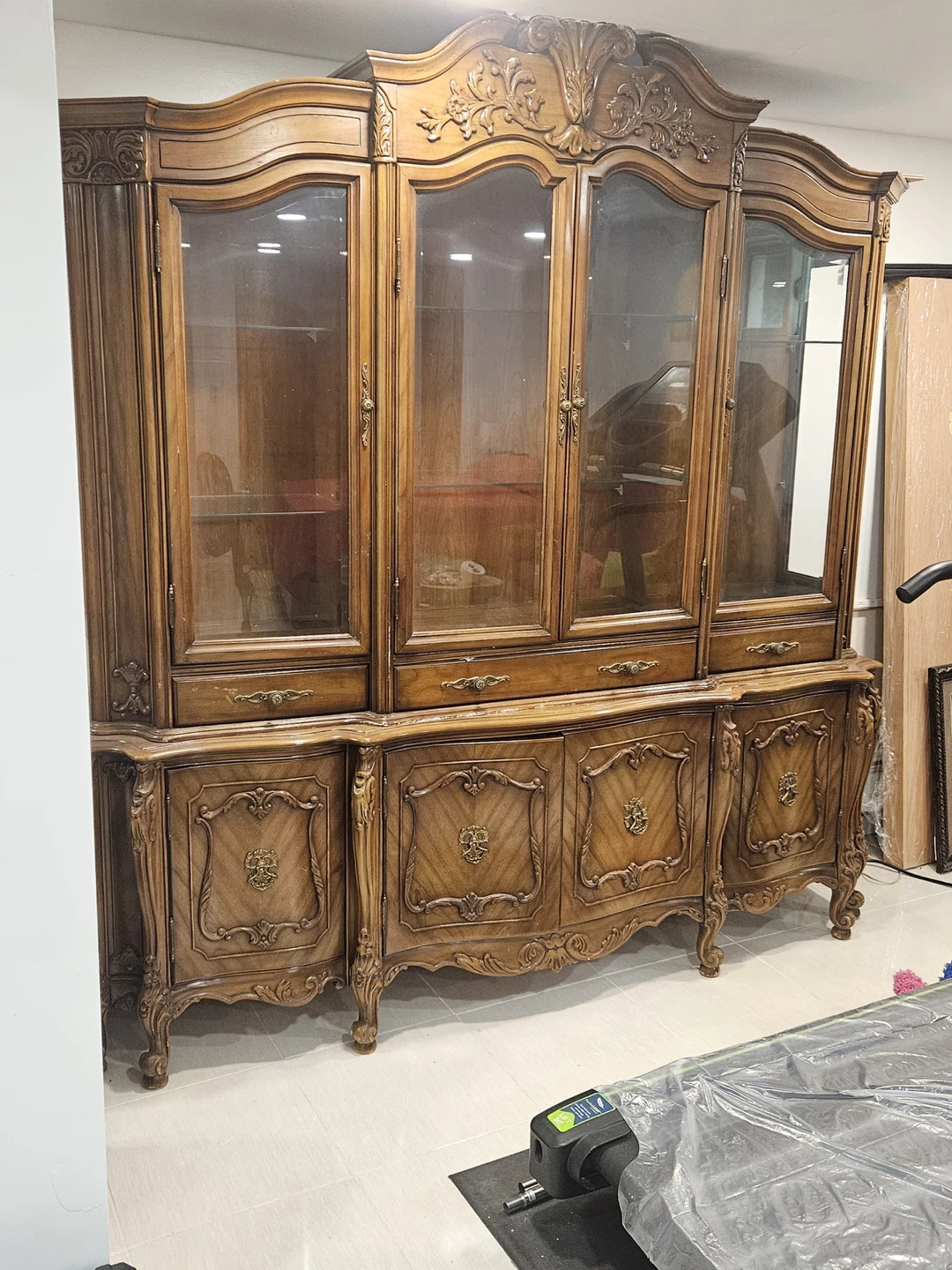 Vintage Wood Display Cabinet with Glass Doors