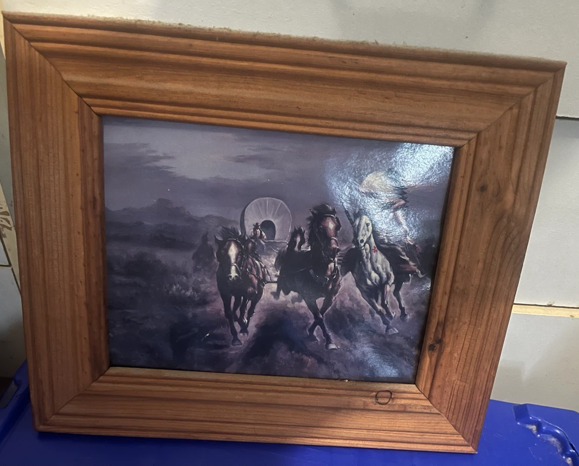 Framed Wild Horses and Wagon Art