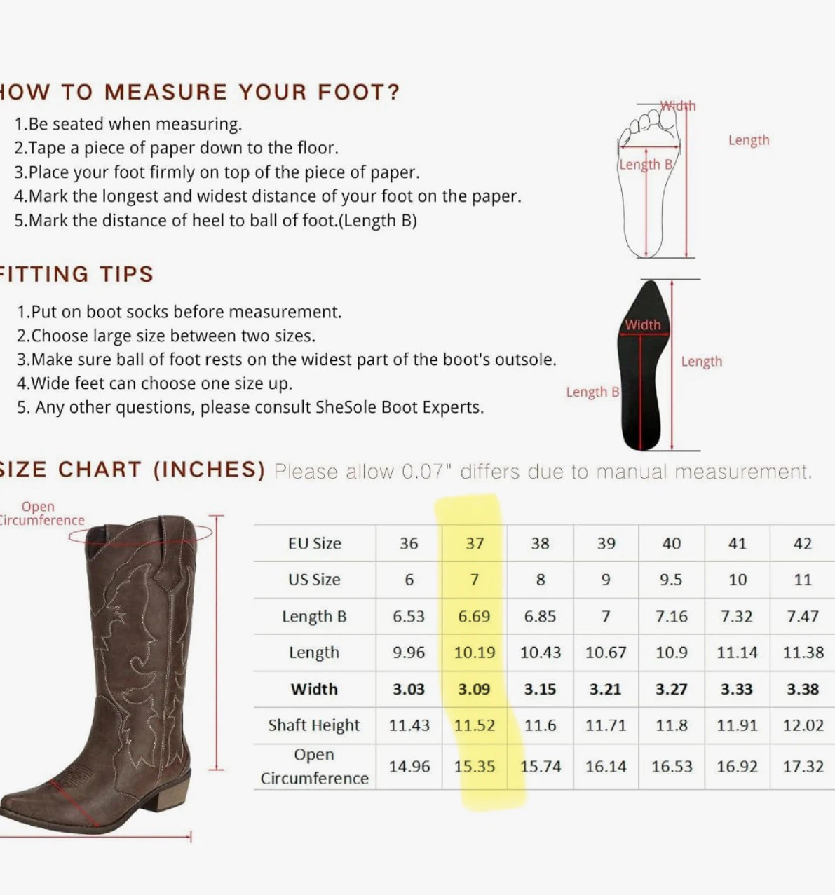 New SheSole Women’s Size US 6.5-7/ Size EUR 37 Cowboy Boots - photo 2