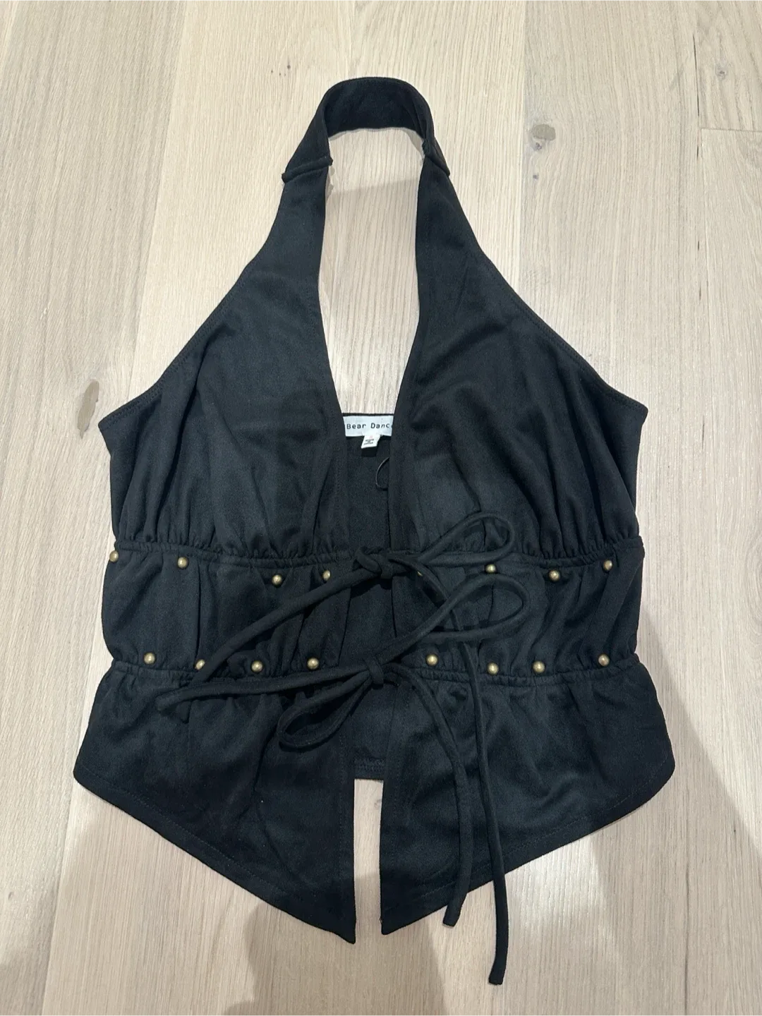 Bear Dance Black Halter Top with Studs and Tie Waist