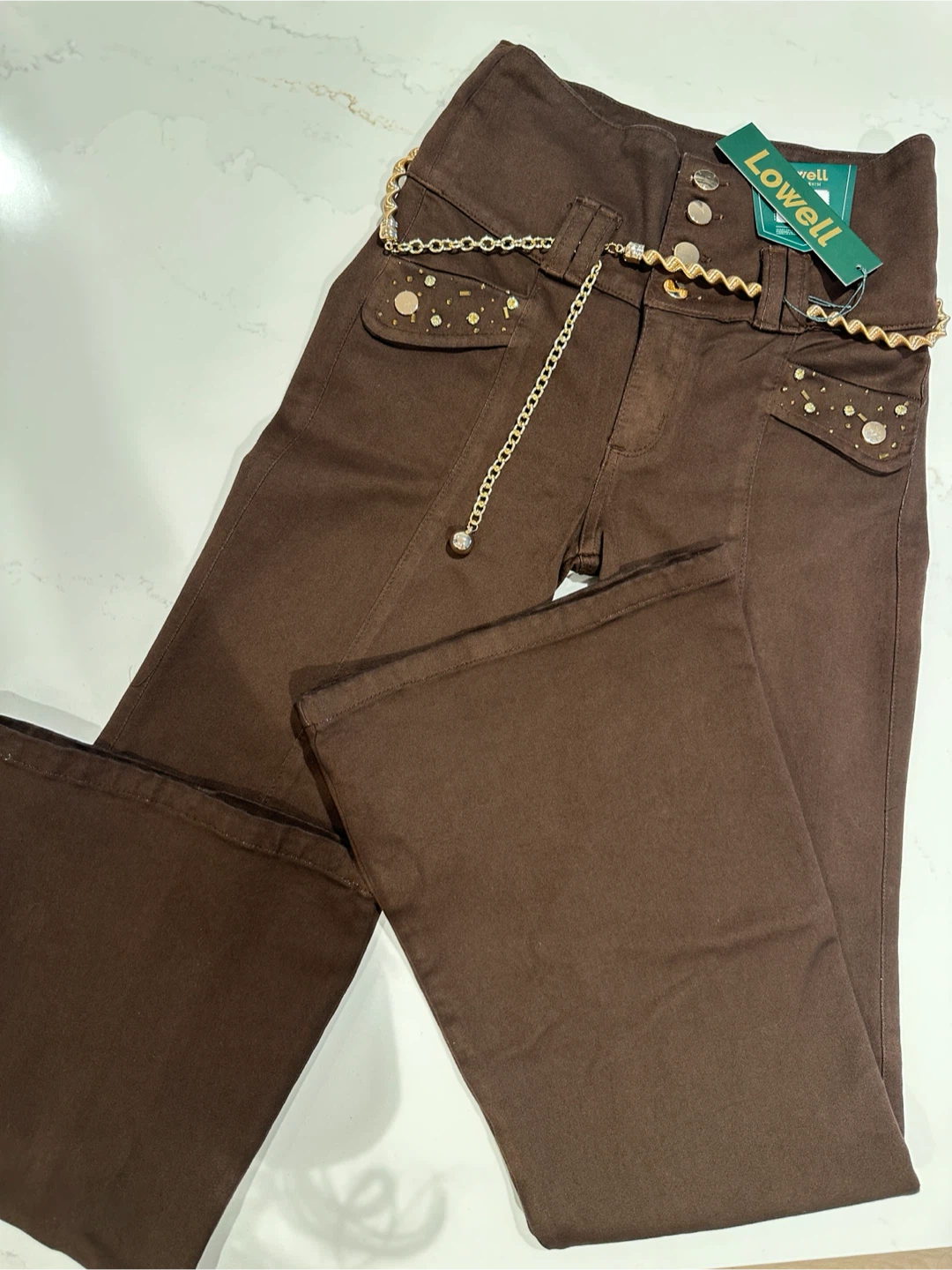 Lowell Brown Bell Bottom Jeans with Chain Detail - photo 3