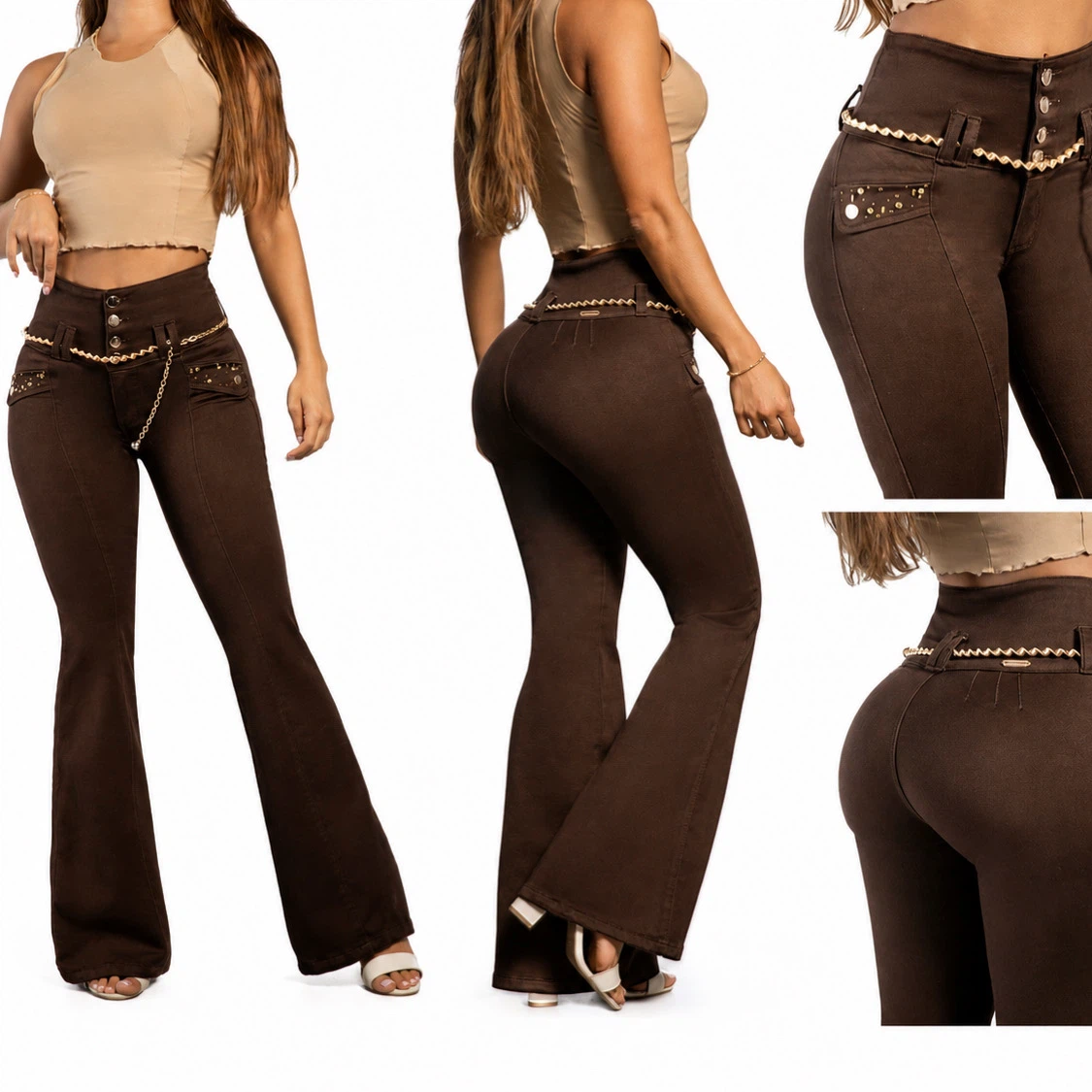 Lowell Brown Bell Bottom Jeans with Chain Detail