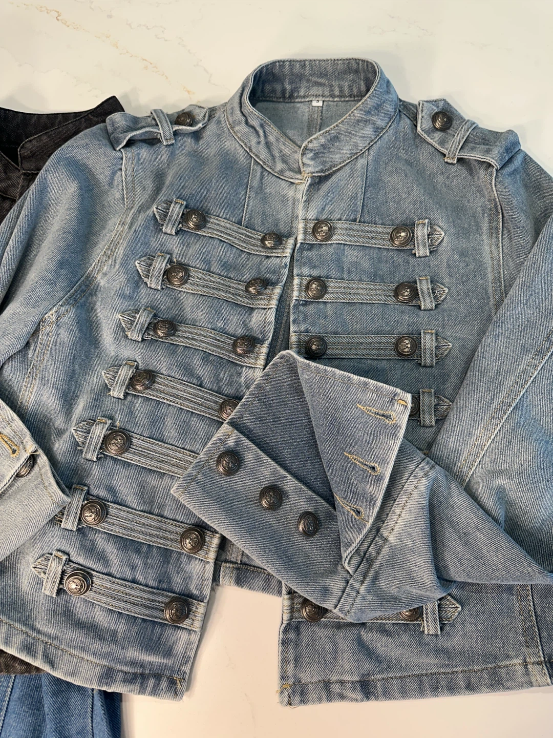 Light Wash Denim Double-Breasted Military Jacket - photo 2