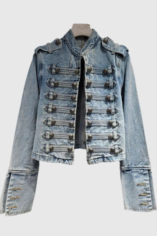 Light Wash Denim Double-Breasted Military Jacket
