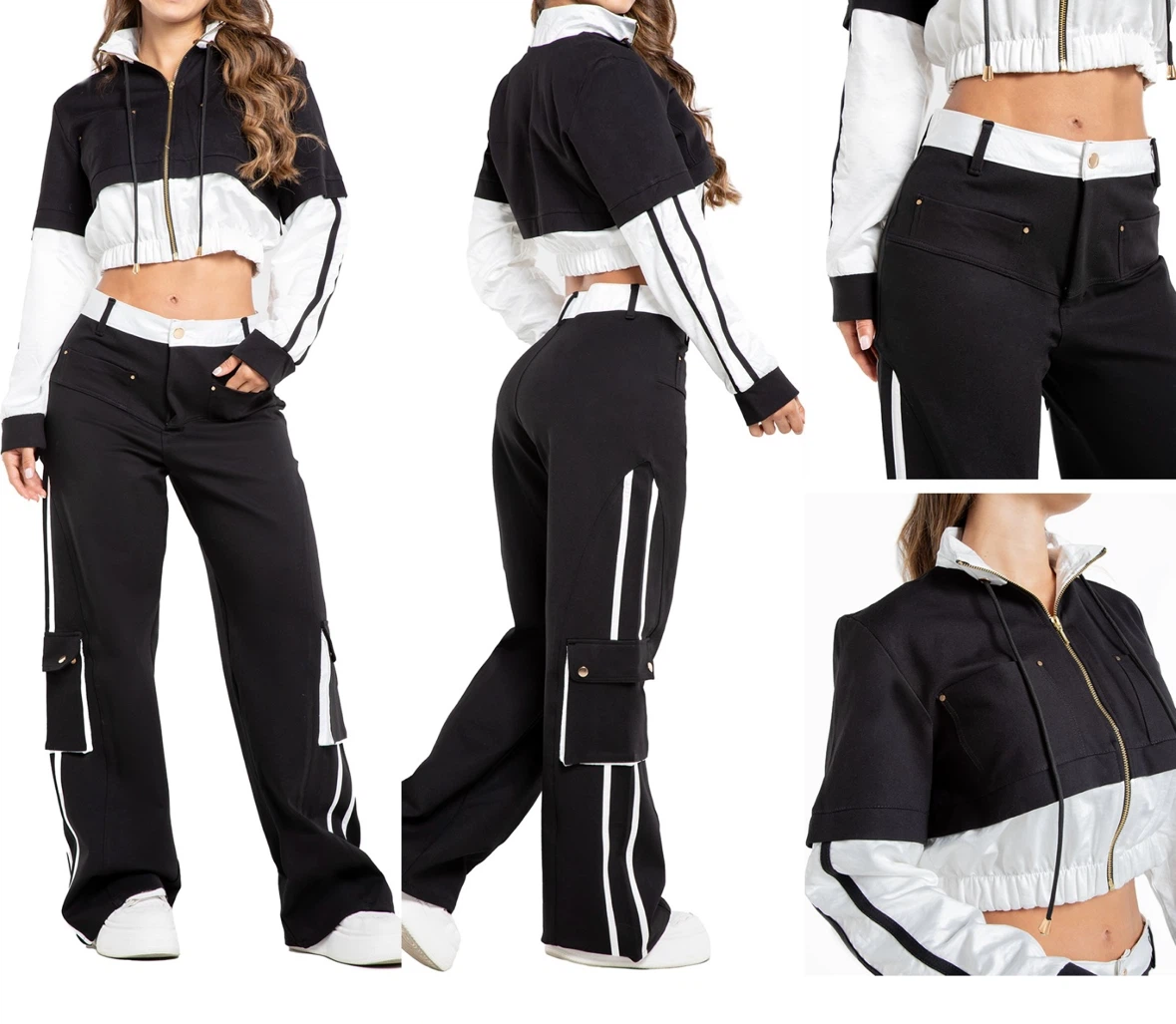 Black and White Cropped Tracksuit Set