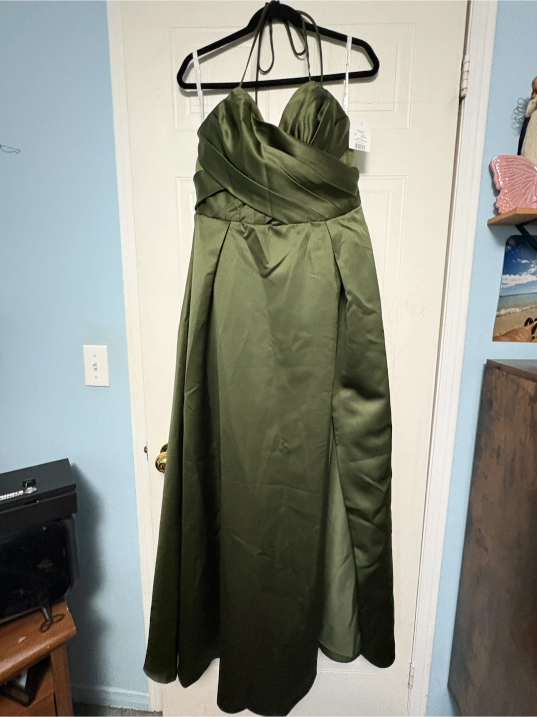 Olive Green Satin Ball Gown Dress Size 16