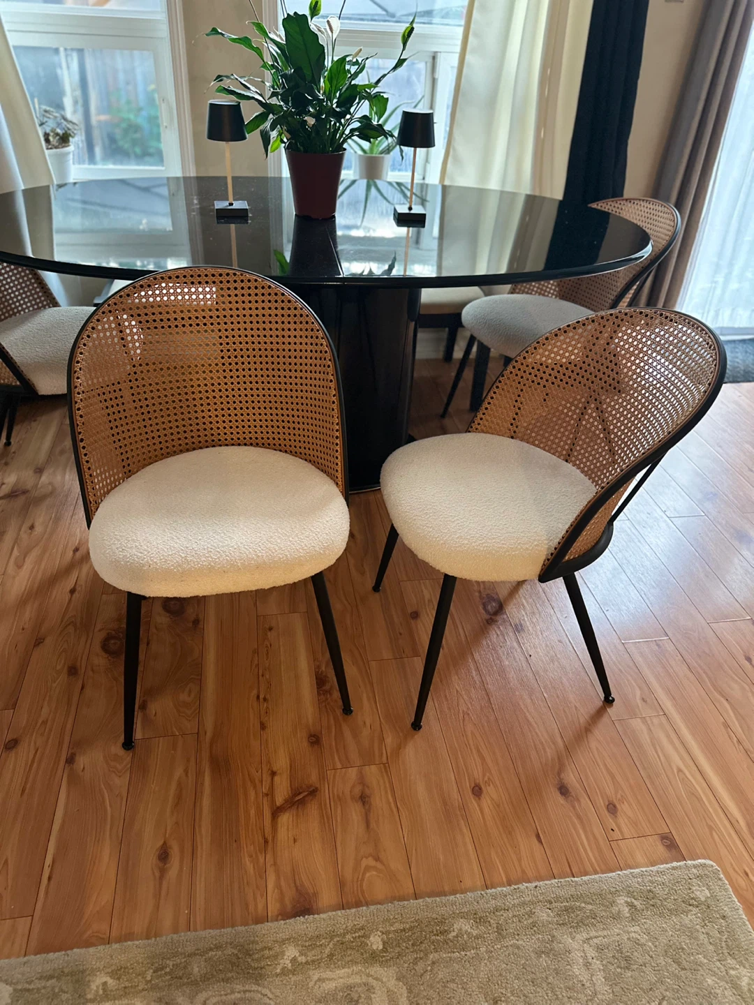 Cane and Bouclé Accent Chairs (Set of 4)