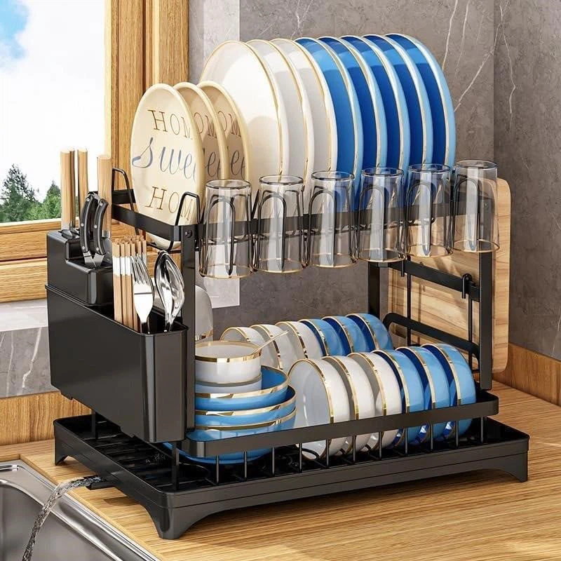 Black 2-Tier Dish Rack with Utensil Holder