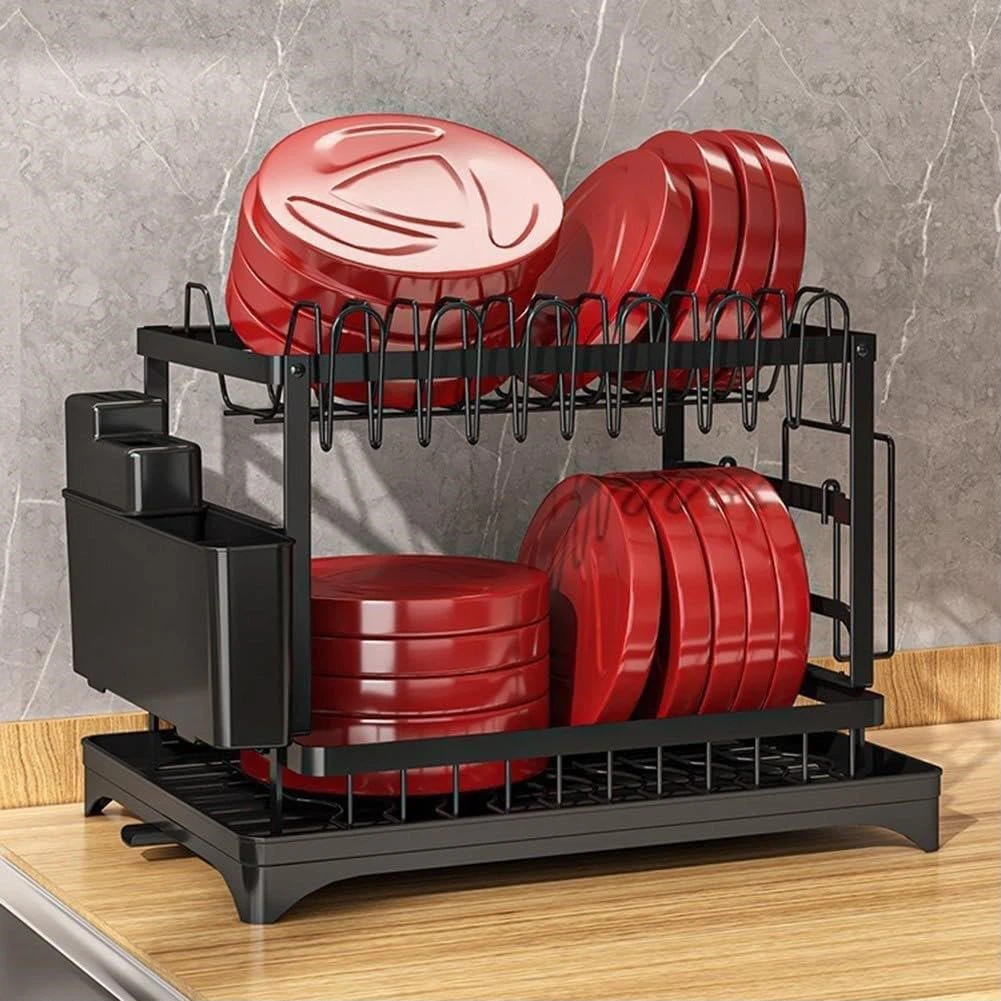 Black 2-Tier Dish Rack with Utensil Holder - photo 2
