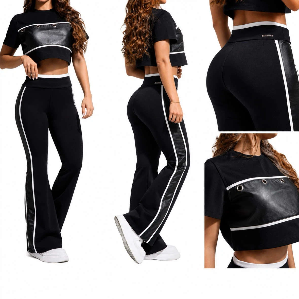 Women's Black Crop Top & Flare Pants Set