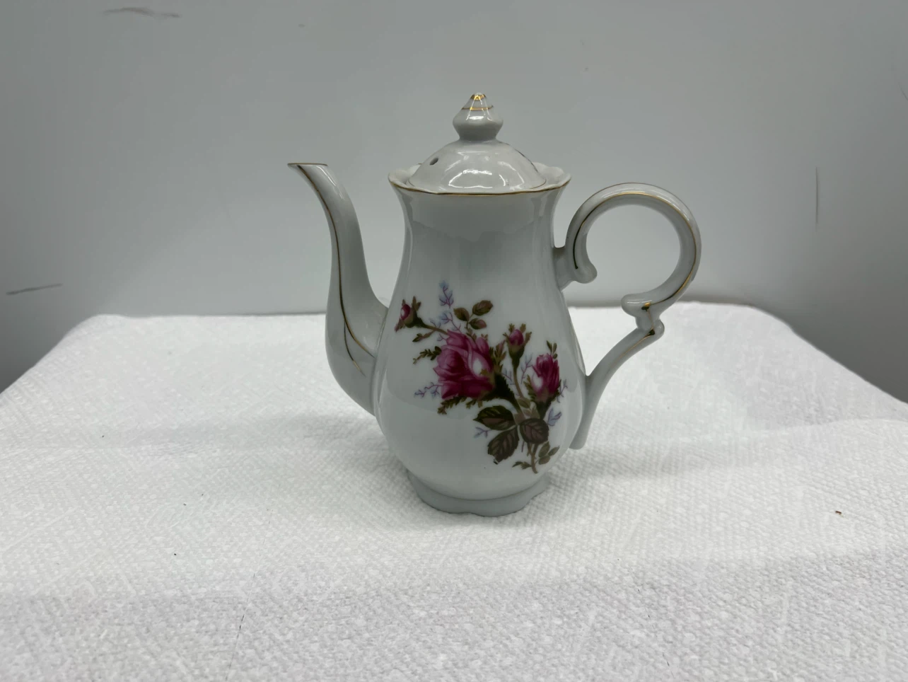 Vintage Japan Moss Rose Porcelain Coffee Teapot Gold Trim