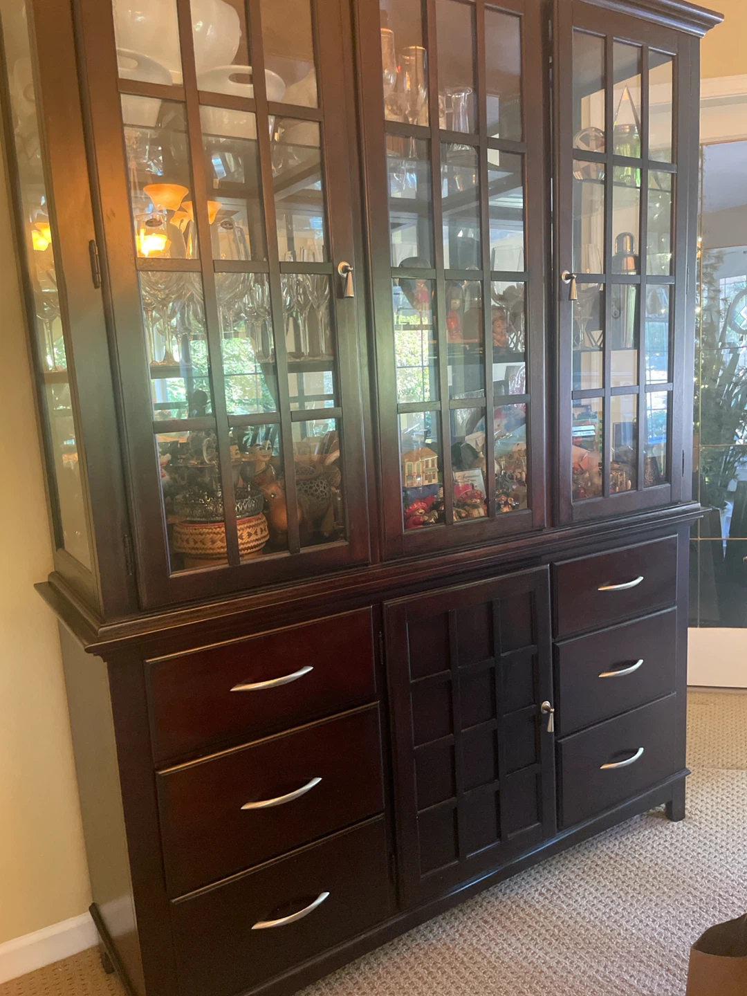 Dark Wood China Cabinet with Glass Doors and Drawers