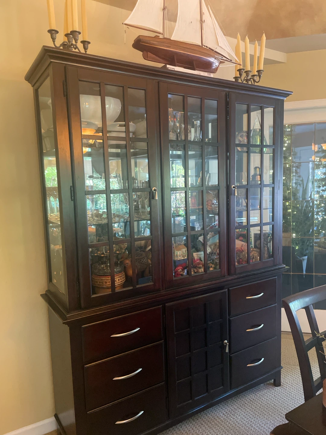 Dark Wood China Cabinet with Glass Doors and Drawers - photo 3