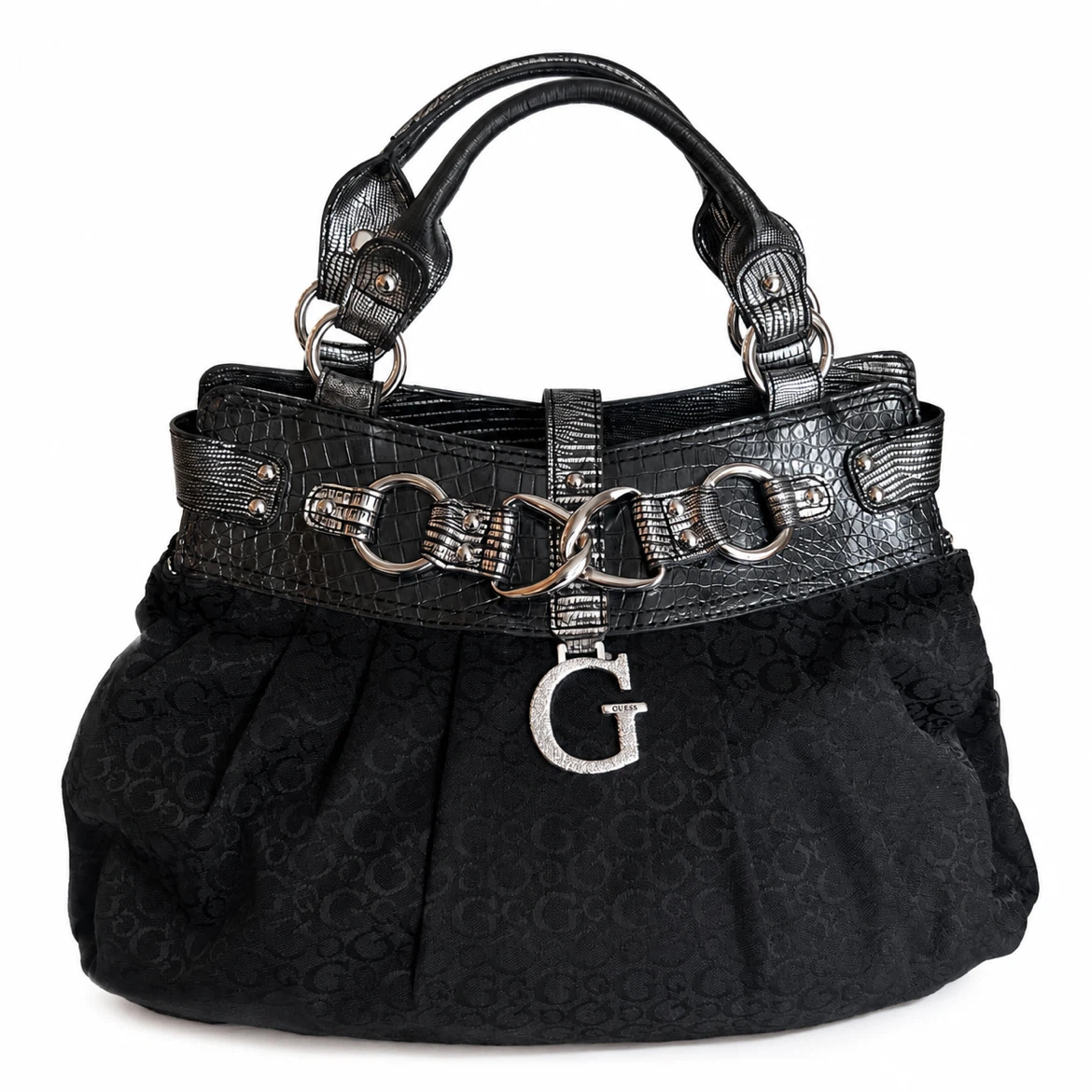 Y2K Guess Black Monogram Handbag Rhinestone G charm