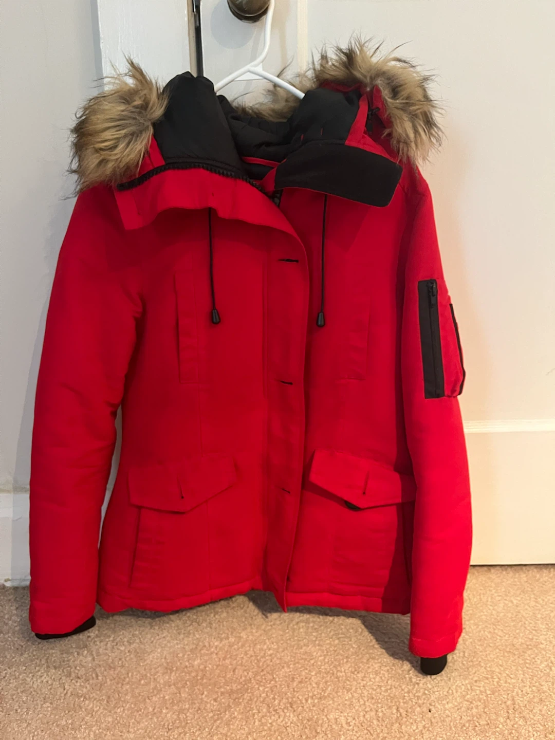 Bluenotes Red Winter Parka with Faux Fur Hood