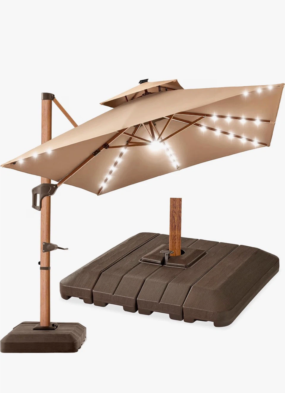 Cantilever Patio Umbrella with Solar Lights and Base