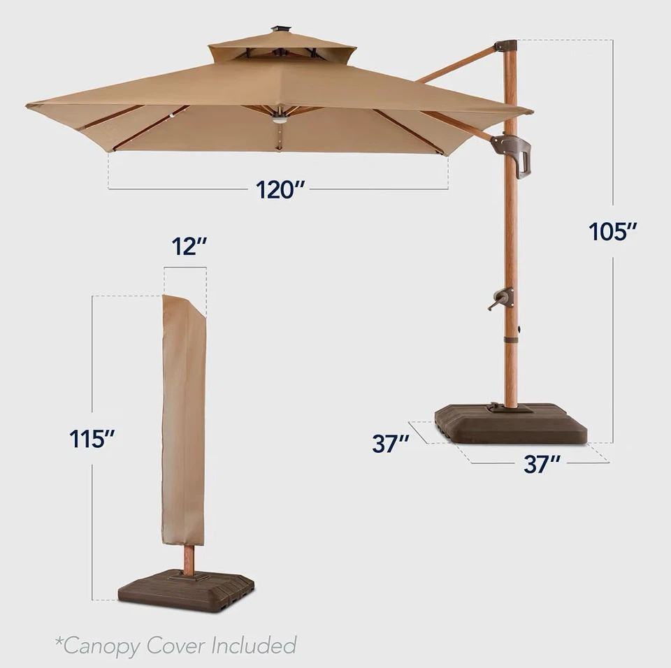 Cantilever Patio Umbrella with Solar Lights and Base - photo 2