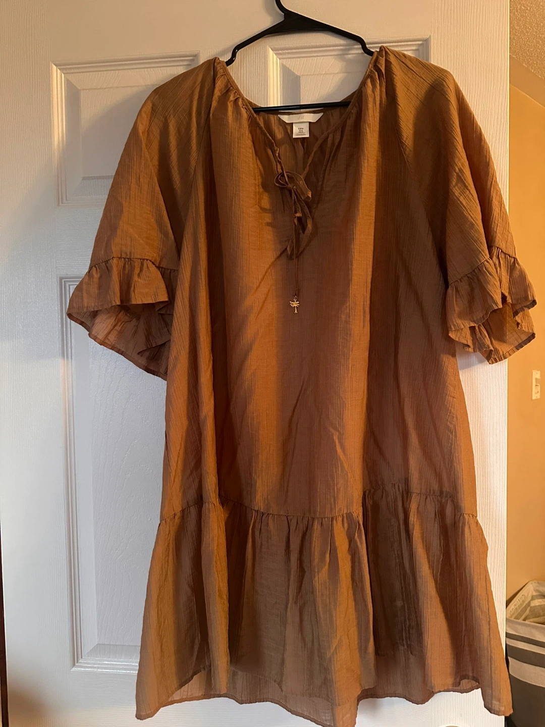 Brown Tiered Dress with Ruffle Sleeves