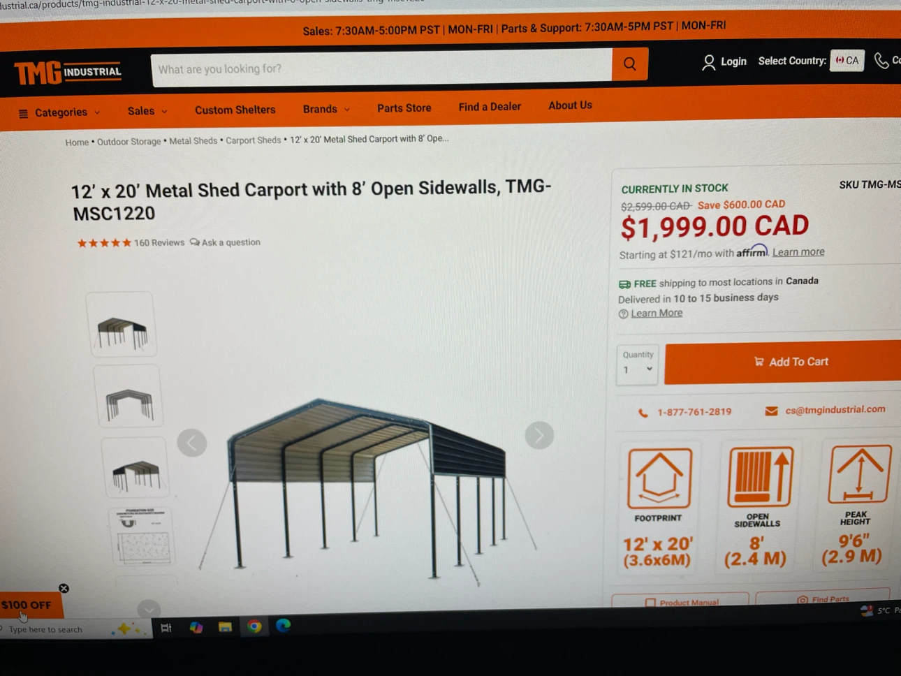 TMG Industrial 12' x 20' Metal Shed with 8' Open Sidewalls