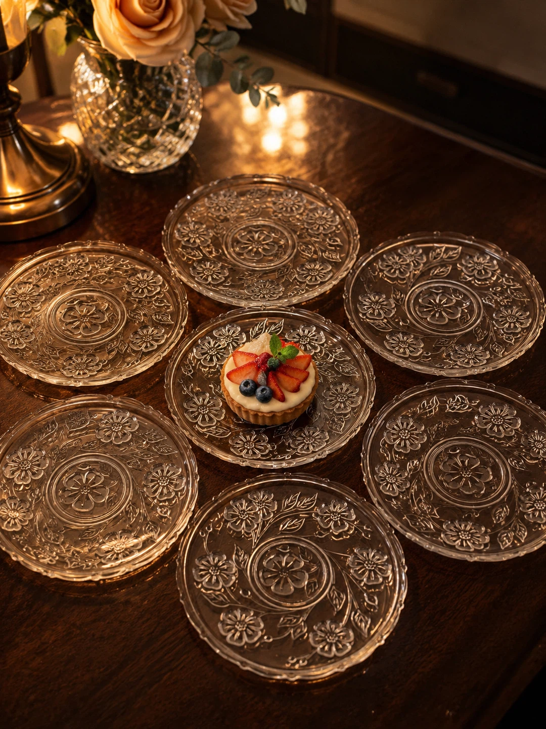 Set of 7 Clear Glass Dessert Plates with Floral Embossing