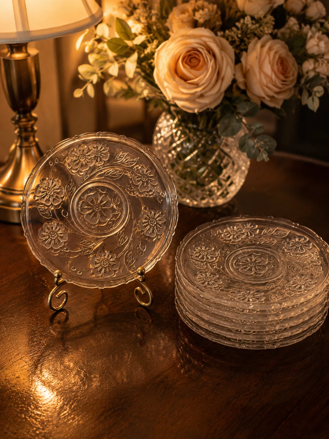 Set of 7 Clear Glass Dessert Plates with Floral Embossing - photo 2