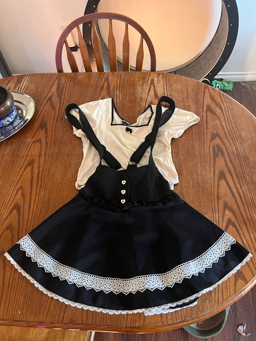 Black & White Lace Trimmed Skirt Dress with Suspenders